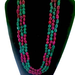 3 Strand Ruby & Emerald Oval Shape Beads Necklace